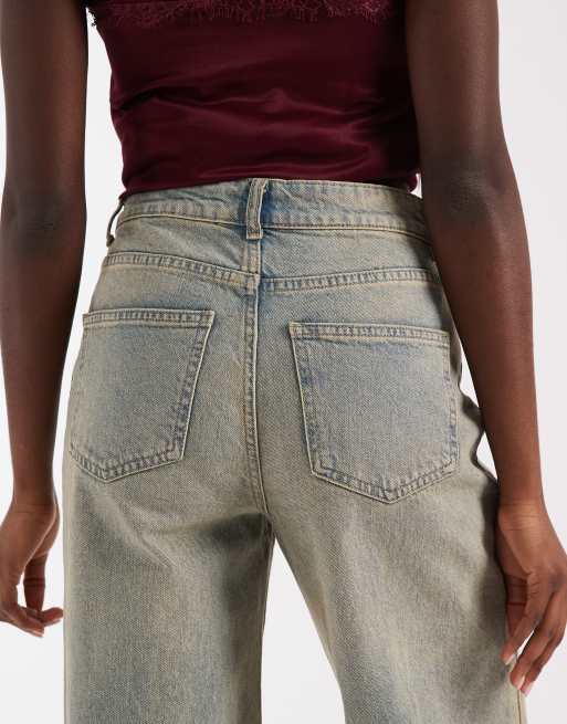 Pieces - Jeans met wijde pijpen in middenblauw met bruine wassing, 5 van 5