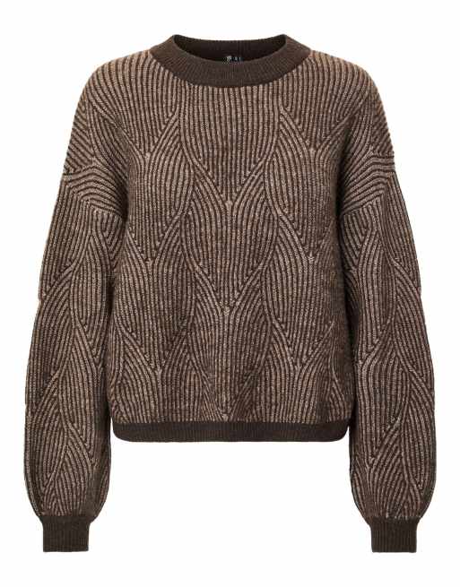Pieces Jenna ribbed crew neck knitted drop shoulder jumper in brown, 7 of 7