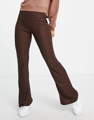 Pieces jersey flared trousers in chocolate