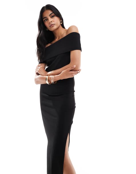 Pieces jersey off shoulder ribbed maxi dress in black - view 1