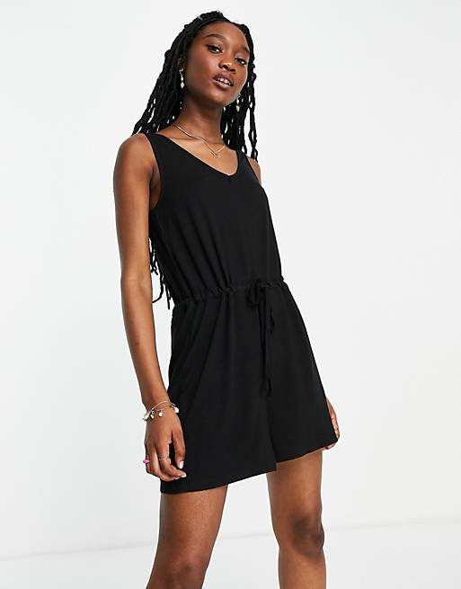 Pieces jersey playsuit in black