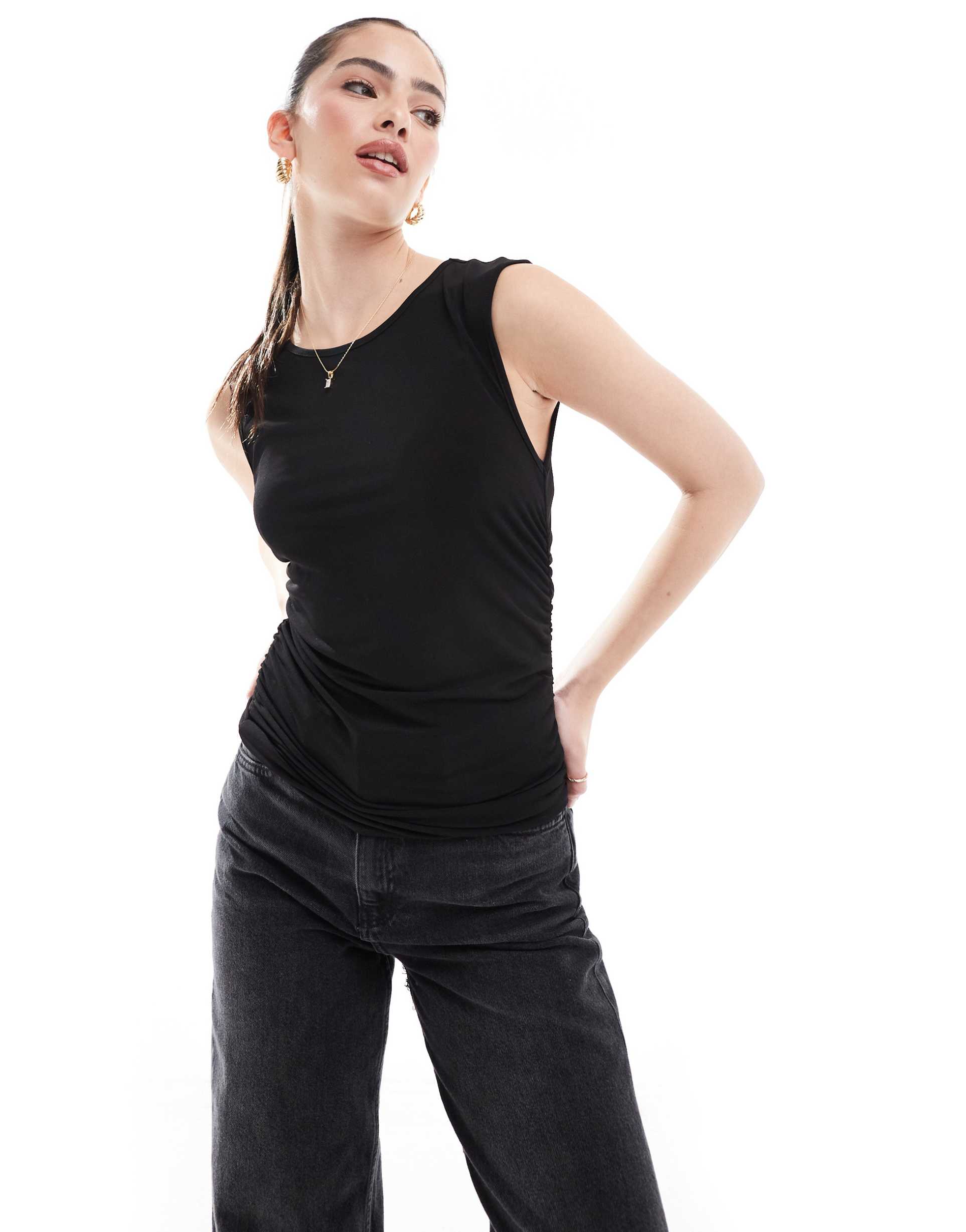 pieces jersey ruched sleeveless top in black