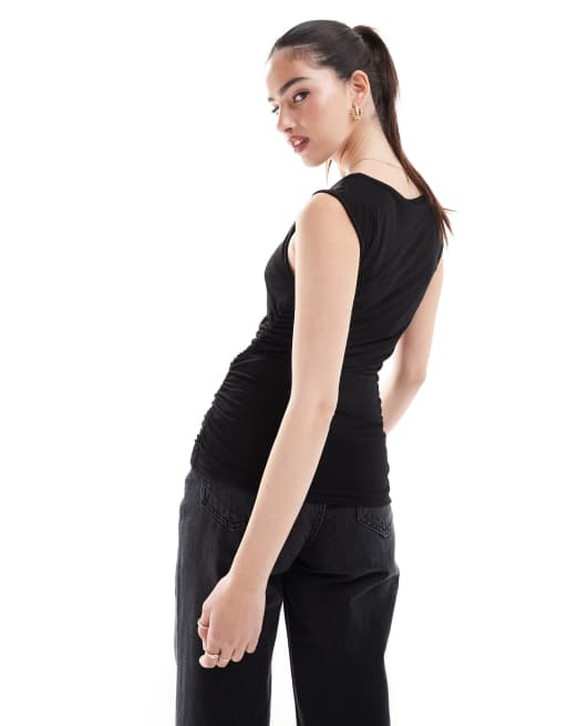 Pieces jersey ruched sleeveless top in black, 4 of 4