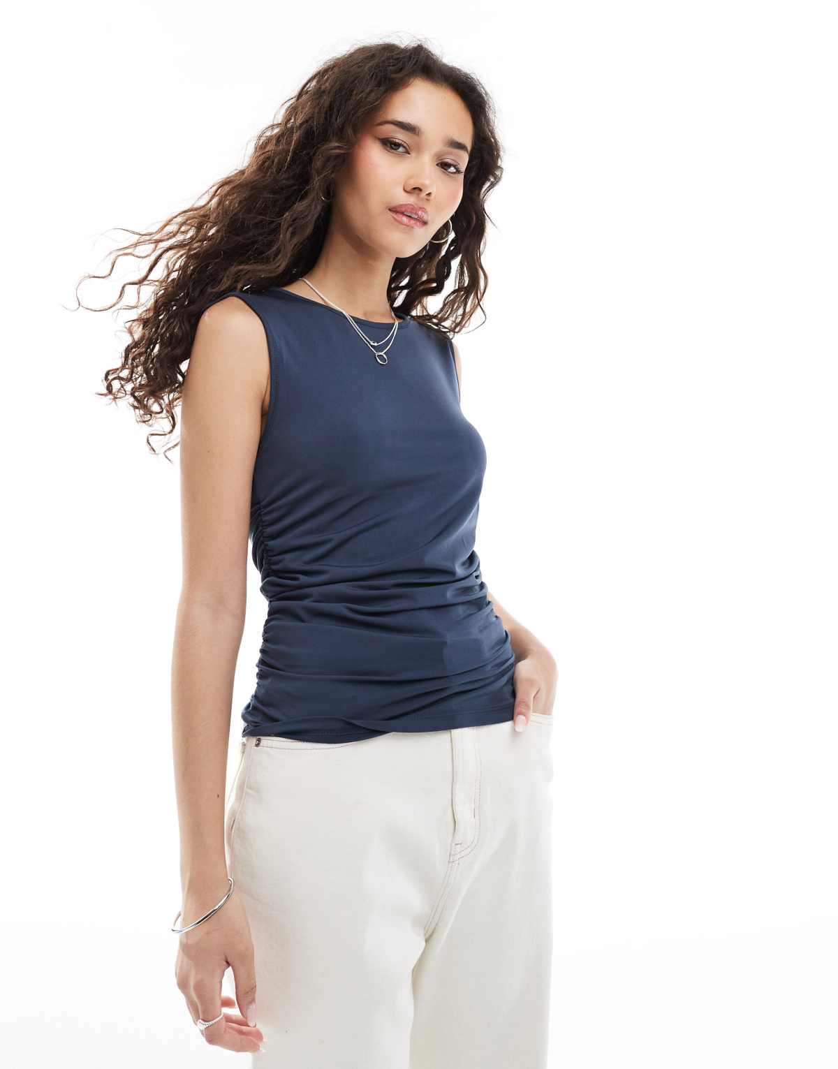 Pieces jersey ruched sleeveless top in ombre blue