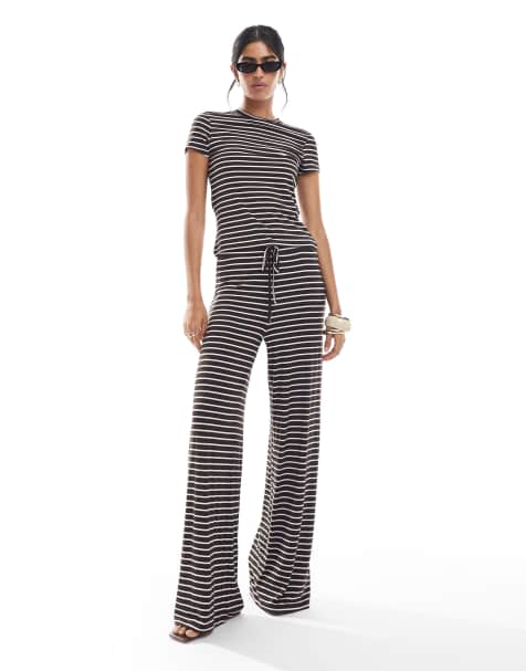 Pieces jersey t-shirt and wide leg pants set in chocolate brown and pink stripe - view 1