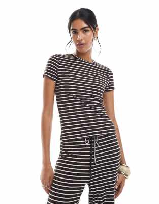 Pieces jersey t-shirt co-ord in chocolate brown and pink stripe-Multi
