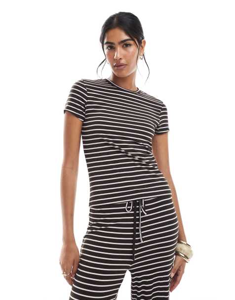 Pieces jersey t-shirt in chocolate brown and pink stripe (part of a set) - view 1