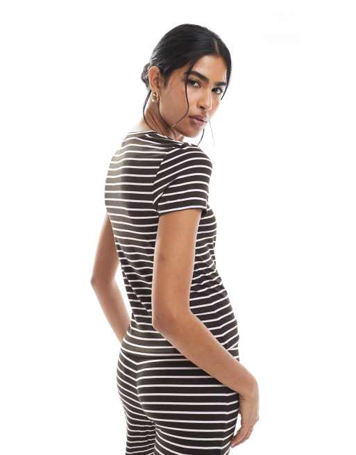 PIECES jersey T-shirt in chocolate brown and pink stripe - part of a set, 2 of 4