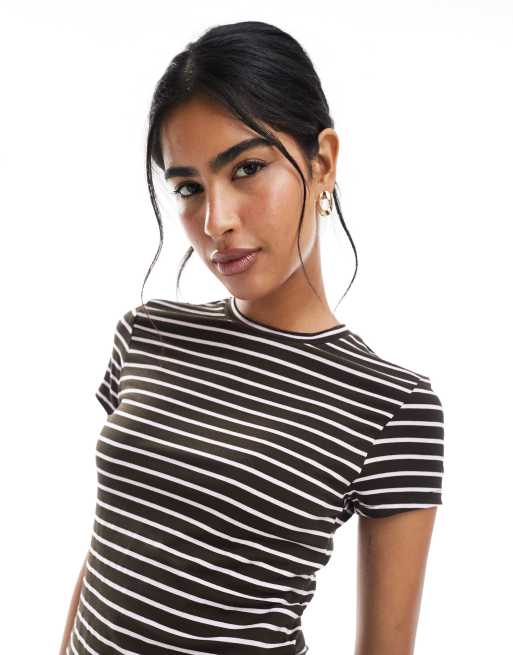 PIECES jersey T-shirt in chocolate brown and pink stripe - part of a set, 3 of 4