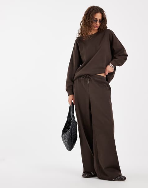 Pieces - Joggers a fondo ampio marrone cioccolato in coordinato - view 1