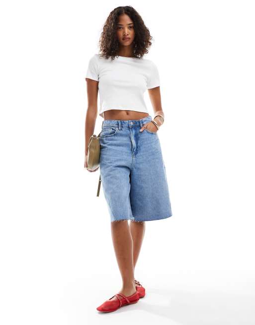 Pieces - Jorts taglio lungo dritti in denim lavaggio blu chiaro