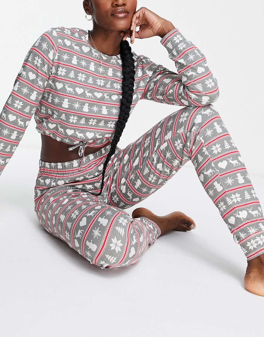 Pieces - Jul - Lysegråt pyjamassæt med fairisle-mønster-Multifarvet