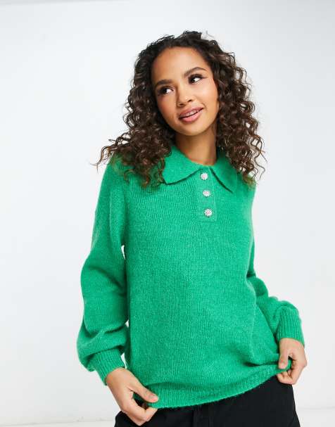 Pieces jumper with diamante buttons in green - view 1