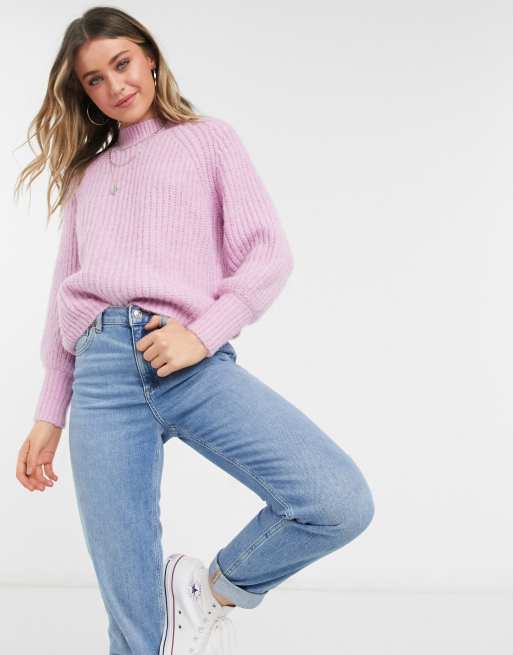 PIECES jumper with high neck and puff sleeve in pastel pink | ASOS