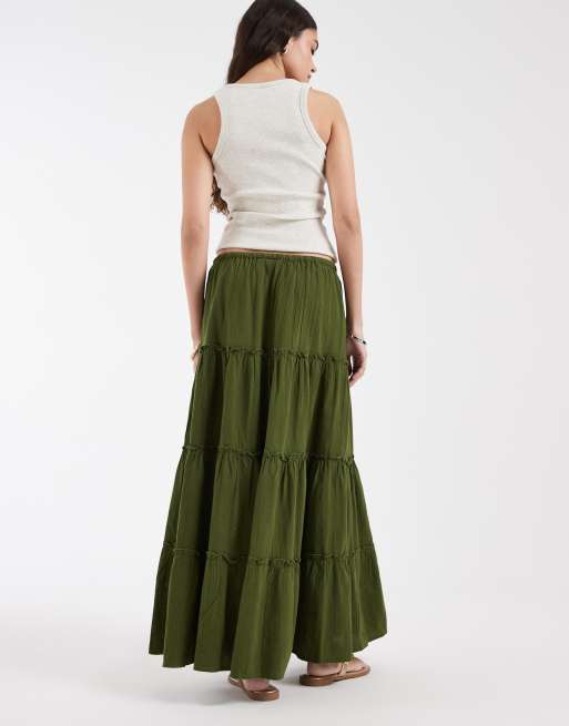 BEAUTYLAST Jupe bohème en coton et lin pour femme, taille élastique, longue, fluide et décontractée, pour l'été, la plage, les vacances (vert kaki, 85 cm de longueur), Vert