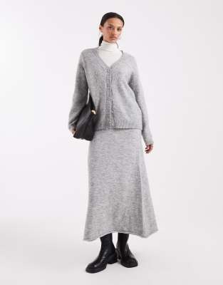 Jupe mi-longue d'ensemble en maille duveteuse - Gris moyen chiné XL