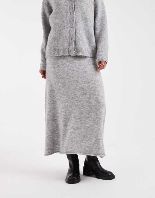 Pieces - Jupe mi-longue d'ensemble en maille duveteuse - Gris moyen chiné, 2 de 5