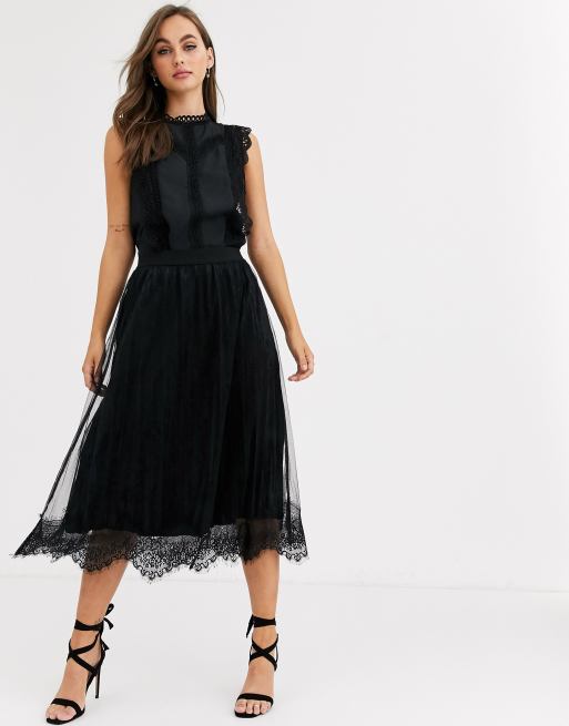 Pieces Jupe mi longue pliss e en dentelle et tulle Noir ASOS