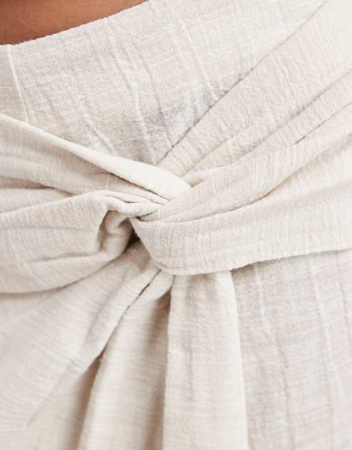 Pieces - Jupe-short taille haute en coton texturé avec détail noué - Beige naturel, 5 de 5