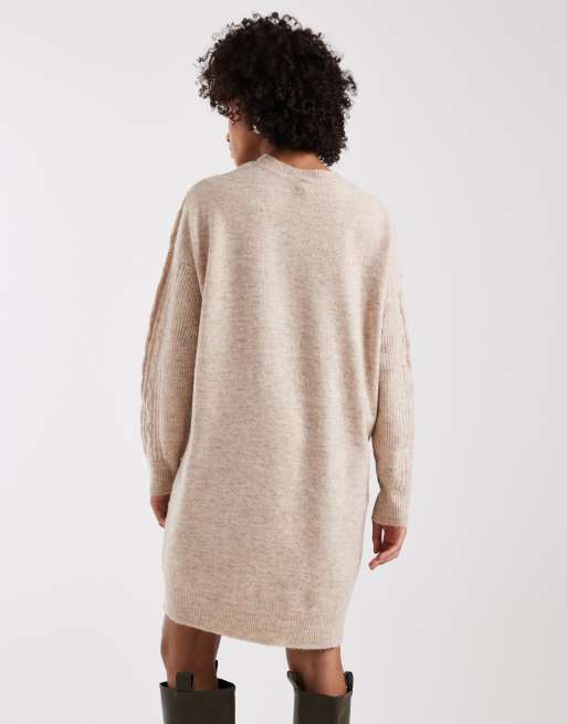 Pieces - Kabelgebreide mini-jurk in gemêleerd beige, 4 van 4