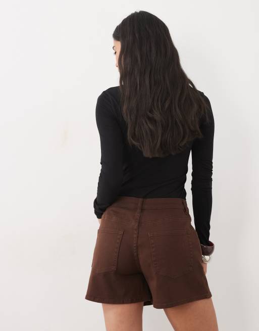 Pieces – Kaffebrun skort i denim med omlottdesign framtill, 5 av 5