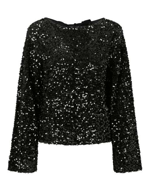 Pieces Kammy sequin relaxed fit crew neck long sleeve top in black, 6 of 6