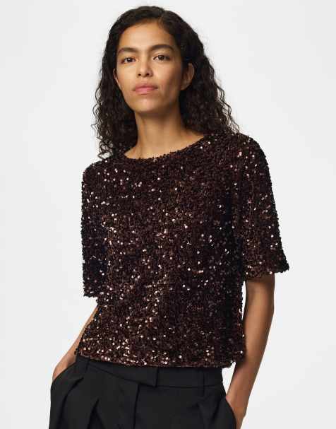 Pieces Kammy sequin u-neck short sleeve top in red - view 1