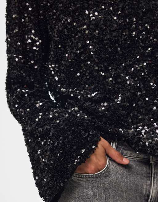 Pieces Kammy top à sequins coupe relax ras de cou manches longues noir, 4 de 6