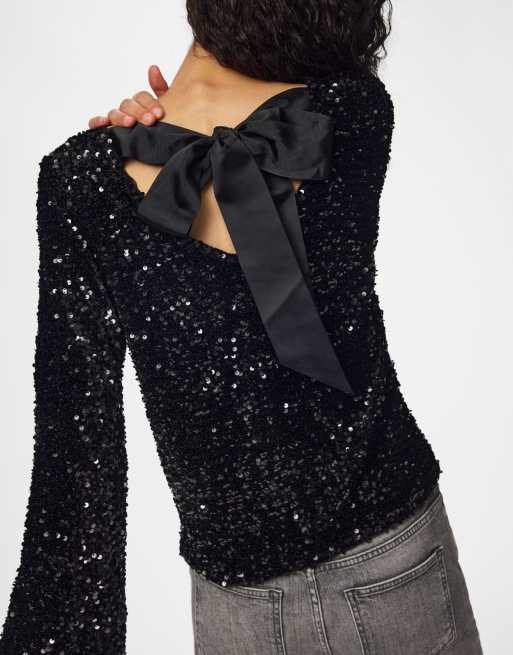 Pieces Kammy top à sequins coupe relax ras de cou manches longues noir, 5 de 6