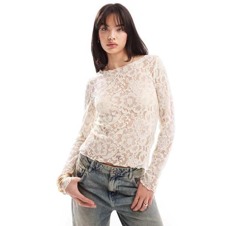 Pieces Kanten top met lange mouwen in creme ASOS