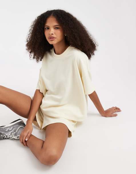 Pieces – Kastiges T-Shirt aus Sweatshirt-Stoff in Beige, Kombiteil - view 1