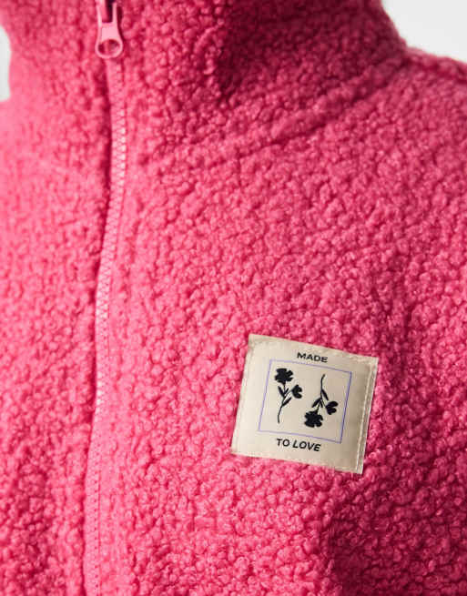 Pieces Katty giacca teddy con collo alto e zip in rosa shocking, 4 di 7