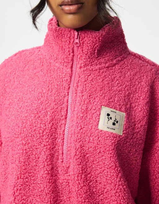 Pieces Katty teddy jakke med høj hals og lynlås i chokpink, 5 af 7