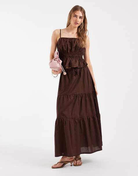 Pieces – Kawowa warstwowa spódnica maxi z bawełnianej popeliny w stylu boho, część zestawu - view 1
