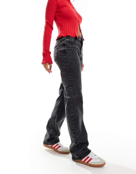 Pieces Kelly mid waisted straight leg jeans in dark grey wash