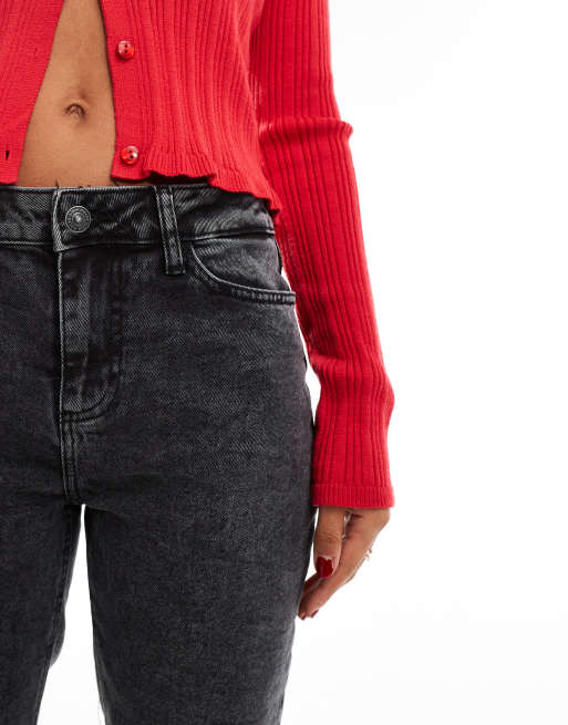 Pieces Kelly mid waisted straight leg jeans in dark gray wash