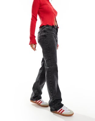 Pieces Pieces Kelly mid waisted straight leg jeans in dark grey wash