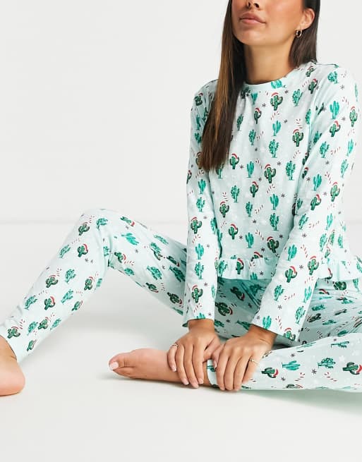 Pieces - Kerstmis - Pyjamaset met cactusprint in groen