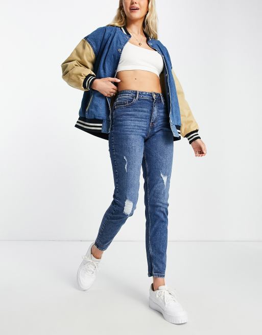 Blue distressed hot sale mom jeans