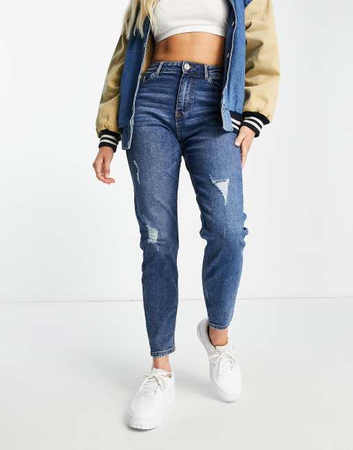 Mid blue high rise hot sale mom fit ripped jeans