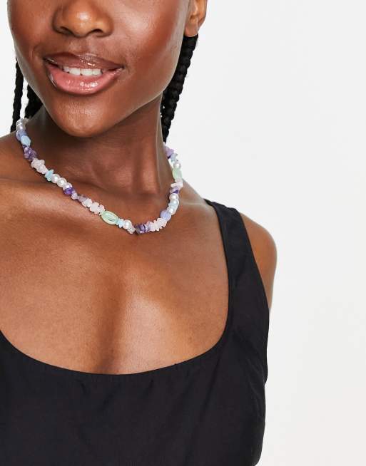 Pieces - Ketting met stenen en parels in blauw