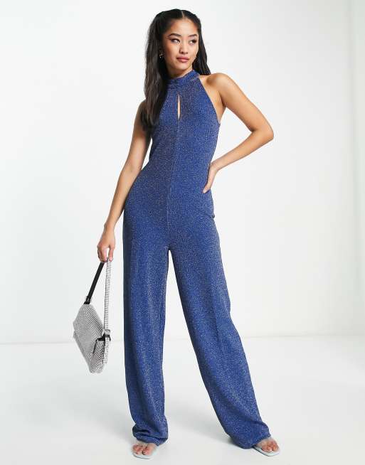 ASOS DESIGN textured halter jumpsuit with belt and large pocket in