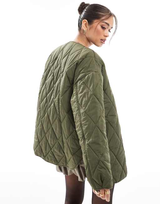 Pieces – Khakifärgad, quiltad, lätt jacka, 2 av 4