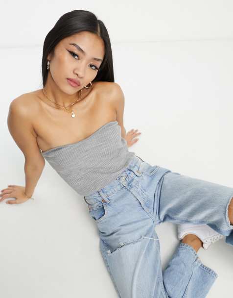 Pieces knitted bandeau top in grey