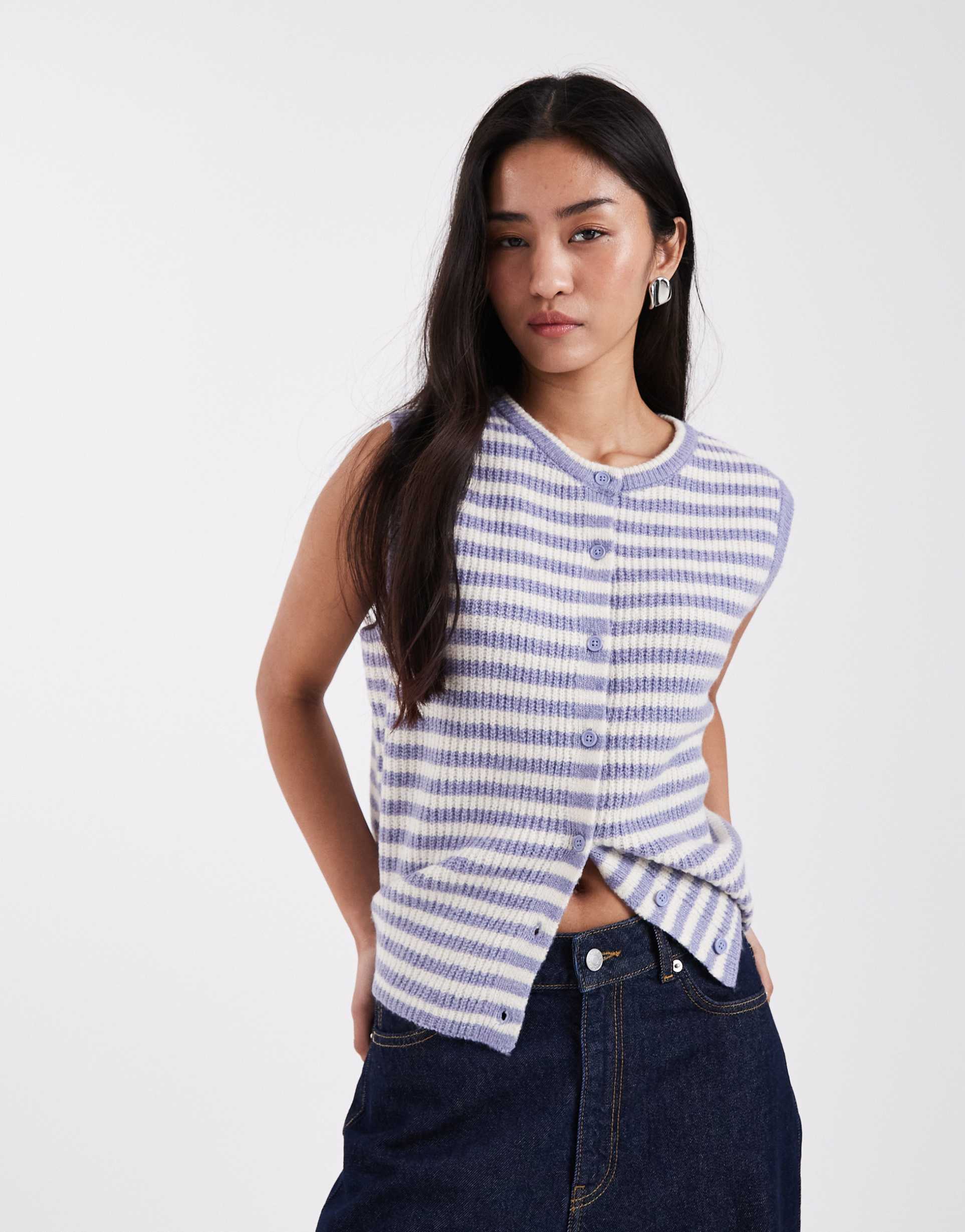 pieces knit button front sweater vest in blue stripes