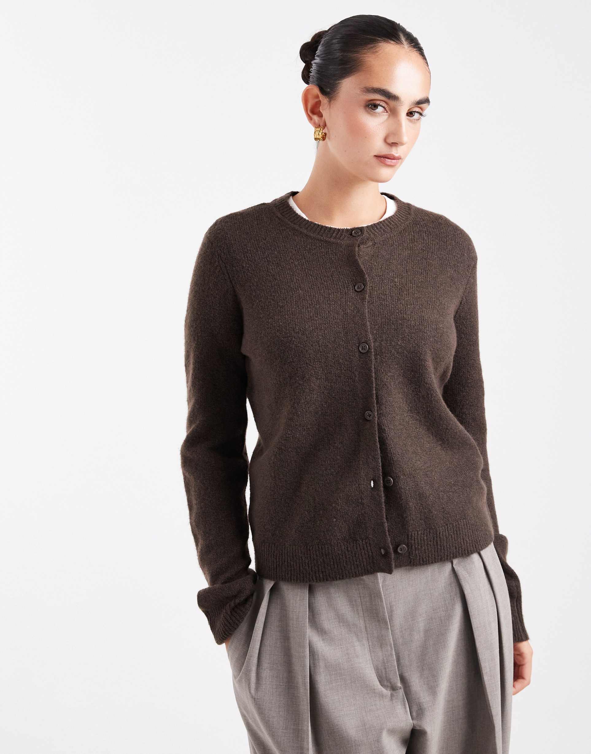 pieces knit cardigan in chocolate brown melange