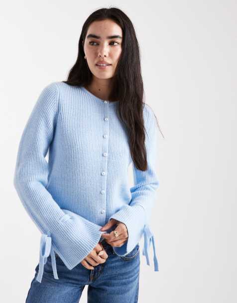 Pieces knit cardigan with faux pearl buttons and bow tie cuffs in light blue - view 1