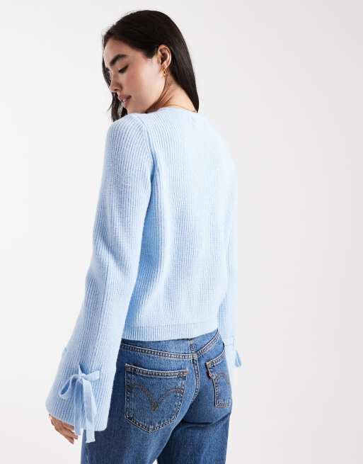 Pieces knit cardigan with faux pearl buttons and bow tie cuffs in light blue, 4 of 4