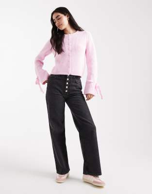 Pieces Knit Cardigan With Faux Pearl Buttons And Bow Tie Cuffs In Pink