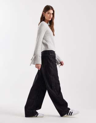 Pieces Knit Cardigan With Pearl Buttons And Bow Tie Cuffs In Neutral